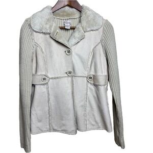 Vintage Y2K Glimmer by J.J. Basics Cream Knit Faux Suede Jacket Faux Fur Collar